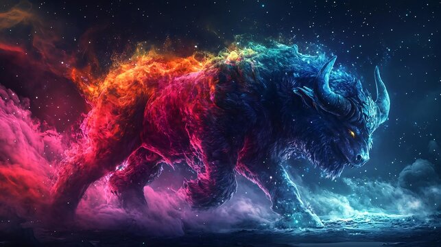 bold and artistic representation of a colorful mythical creature with a magical vibe