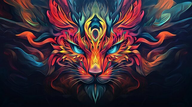colorful and powerful mythical beast face illustration on a dark background with a magical and vibrant theme