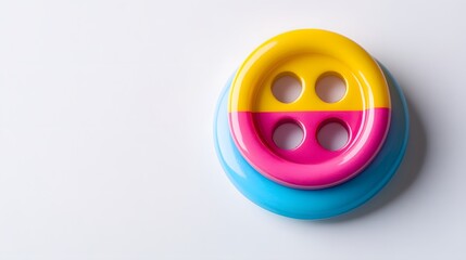 Colorful plastic button creative workspace product photography minimalistic setup top down view fun design elements