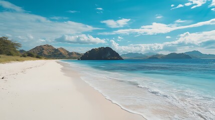 Obraz premium Idyllic Tropical Beach Scene With Mountains And Clear Water