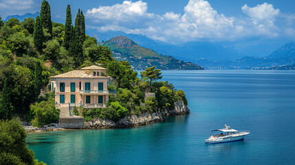 Fototapeta premium Scenic coastal view with a boat near a villa on a sunny day by the lake. 