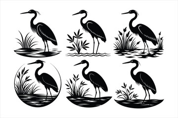 A set of Duck in river silhouette vector illustration