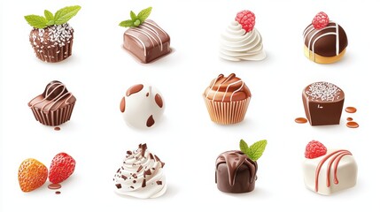 Flat vector design of a variety of delicious chocolate desserts, including bites, drizzles, and detailed textures. Elegant presentation isolated on white.