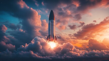 Fototapeta premium Majestic Rocket Launch at Sunset: A Breathtaking Space Odyssey