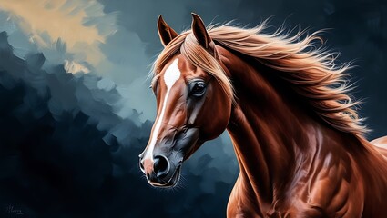 Fototapeta premium Transform your creative projects with a stunning collection of horse portraits enhanced by a striking oil painting effect. These high-quality images capture the strength, grace, and beauty of horses.