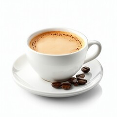 Obraz premium A cup of freshly brewed espresso with crema on a white background. Minimalistic style, ideal for use in design, coffee advertising, café branding, and menu layout.