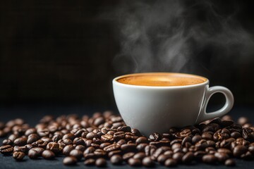 A cup of aromatic coffee with coffee beans on a dark textured background, perfect for advertising, packaging design, café menus, culinary blogs, and modern coffee shop branding
