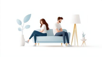 Flat-style illustration of a couple sitting on a sofa in their living room, looking away from each other with sad expressions. Emotional tension and relationship struggles concept.