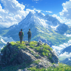 Guys on swiss mountains, hiking, beautiful blue skies, fantasy, anime-like