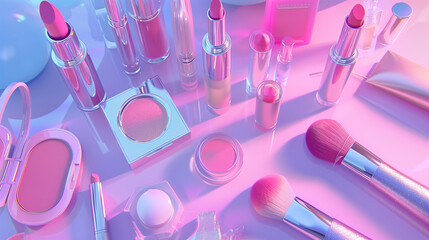 Creative flat lay of beauty products including lipsticks, eyeshadows, and brushes on a pastel background.
