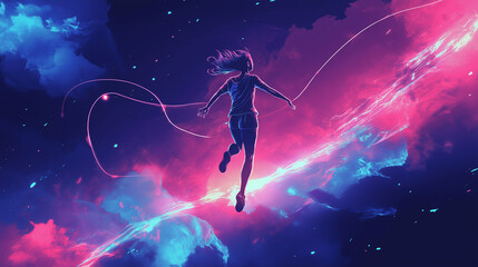 Naklejka premium Jump Rope Motion. A character mid-jump surrounded by energy trails. Fitness, illustration, cardio