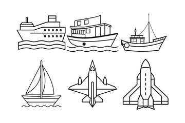  A set of Vehicles line art vector illustration 