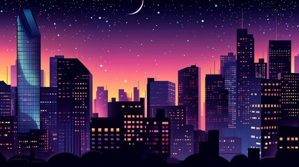 A vibrant city skyline at night, showcasing buildings against a starry sky.