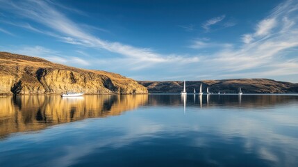 Serene Sailboats on Calm Lake with Mountain Reflection