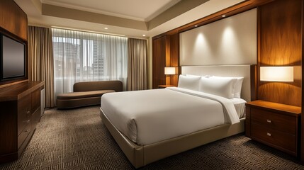 Modern hotel room featuring a large bed, seating area, and wooden accents.