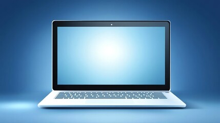 A sleek laptop with a blank screen against a blue gradient background.