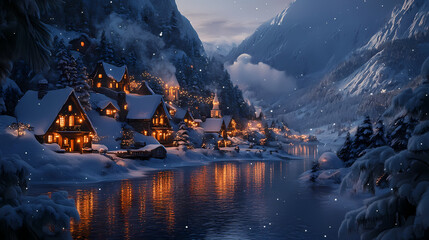 A enchanted snowy mountain village at night with cozy cabin lights reflecting on the snow in a serene winter landscape. Brumal. Illustration