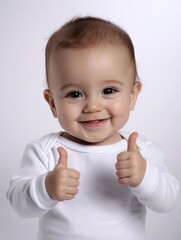 Adorable multiethnic toddler (European/Asian/African descent) in white shirt giving thumbs up gesture with joyful smile. High definition portrait of diverse 1-2 year old child for inclusive lifestyle