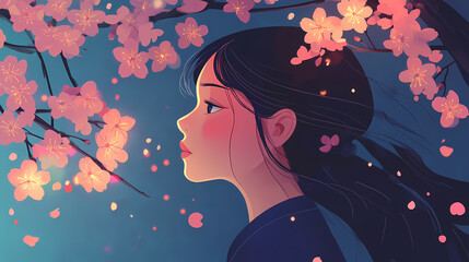 A serene evening scene showcasing a young girl mesmerized by cherry blossoms. the vibrant colors create a magical atmosphere. beauty meets culture in one frame. generative ai. Brumal. Illustration