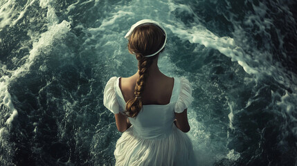 Fototapeta premium Young woman in white dress stands by the ocean waves at sunset location. 