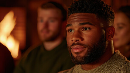 A thoughtful man gazes intently, surrounded by warm lighting and a cozy atmosphere.