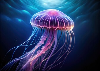 Obraz premium Ethereal mauve jellyfish, captured in a long-exposure underwater photograph, reveals deep-sea beauty.