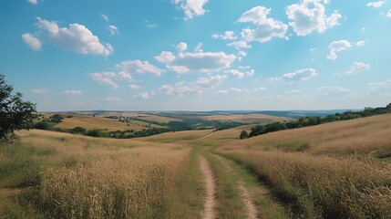 Obraz premium Rolling Hills Countryside Path Under a Blue Sky