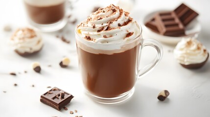Indulging in rich hot chocolate with whipped cream and chocolate garnish cozy kitchen food photography warm atmosphere