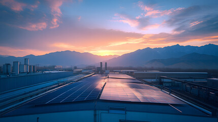 Fototapeta premium Sunset Sky Over Rooftop Photovoltaic Power Plant, Distant Mountains, Blue and White Color Scheme, Super-Wide Angle Perspective, Realistic Photography, Product Rendering.