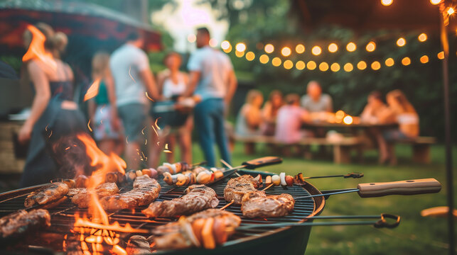 Group of friends enjoying a barbecue party in the backyard with festive string lights.