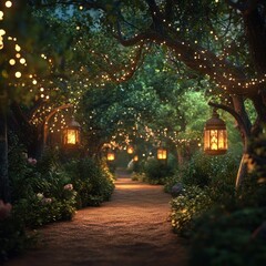 Magical garden path at night with lanterns and fairy lights.