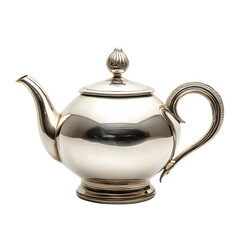 A silver tea pot with a gold lid sits on a transparent background. The pot is round and has a handle on the side