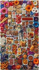 Fototapeta premium Vibrant food arrangement featuring desserts fruits and flowers indoor space colorful display top view culinary art