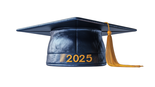 3d graduate cap with text 2025 front view on transparent background 