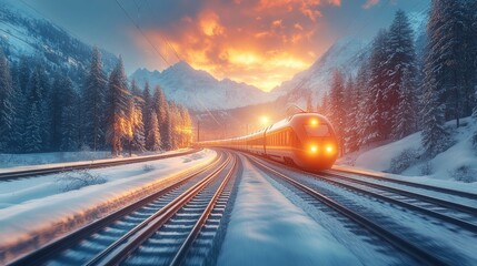 Obraz premium High-speed train through snowy mountains at sunset.