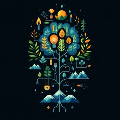 Colorful illustration of nature and trees.