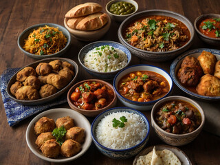 A variety of Middle Eastern or Mediterranean dishes including rice, stews, fried foods, and breads...