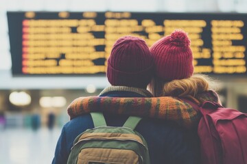 traveller couple with the background of terminal screen board