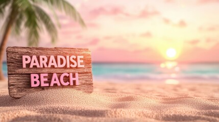 Paradise beach sign with wooden texture on sandy shore and sunset background