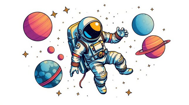 An astronaut floating in space, with planets and stars behind them