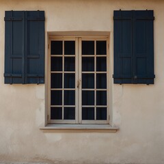 Fototapeta premium A white window with dark blue shutters stands isolated against a soft, creamy background, evoking a sense of serenity and rustic charm. Generative AI.