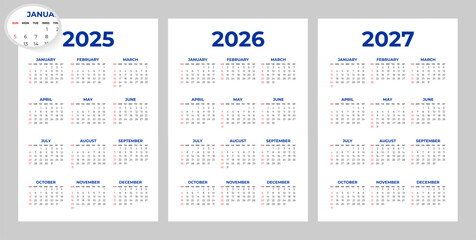 Set of 2025 2026 2027 Basic Calendar in White Background