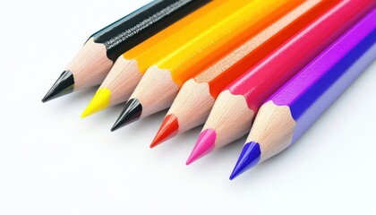 Fototapeta premium A vibrant array of colored pencils arranged in a row, showcasing a spectrum of bright hues including yellow, orange, red, pink, purple, and black.
