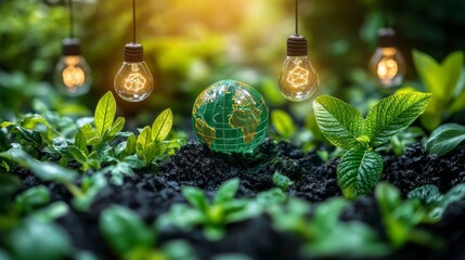 Globe surrounded by green plants and light bulbs.