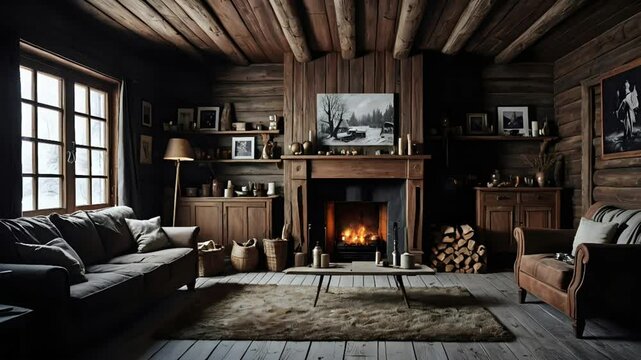 old wooden house and fireplace in the living room