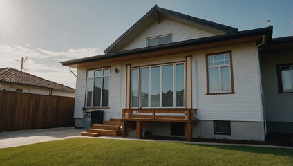 A white, single-story house with a gabled roof, featuring a large multi-pane window and wooden deck.  A brown wooden fence and smaller house are visible in the background. The lawn is neatly mown.