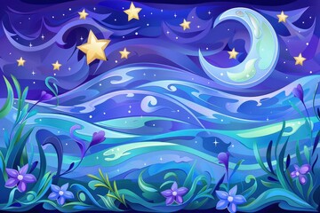 Naklejka premium Dreamy night sky with stars and moon over colorful waves digital art mystical landscape view enchanting serenity