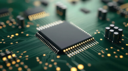 Obraz premium A close-up image of a microchip on a circuit board, showcasing intricate electronic components and connections.