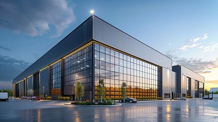 Modern, expansive warehouse with glass facade, illuminated at dusk.