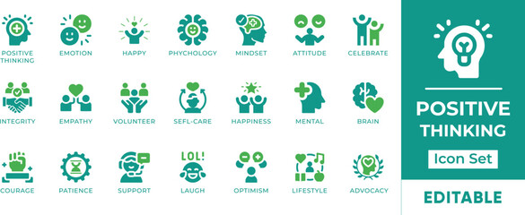 Positive Thinking Icon Set. Features attitude, brain, courage, empathy, determination, gratitude, integrity, laugh, loved, mental, optimism, patience, and psychology